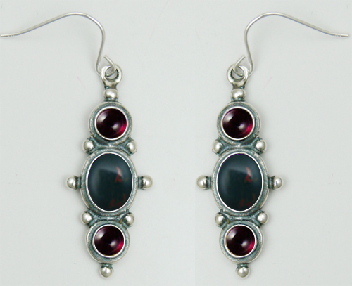 Sterling Silver Drop Dangle Earrings With Bloodstone And Garnet